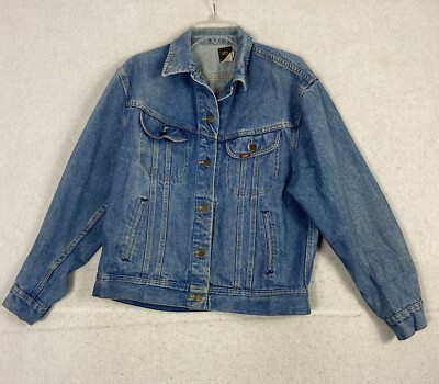 VTG Lee Womens Jacket Blue Denim Button Up Trucker Sz L Grunge 80s