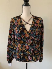 STUDIO B Women Size L Multicolor Floral Drape Front Long Sleeve Blouse