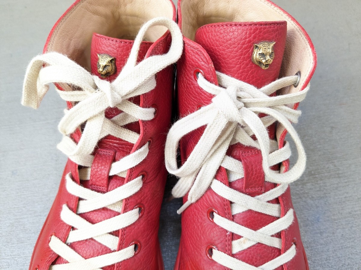Gucci Panther Sneakers Red Men 10 Leather High Tops Lace Up 478336