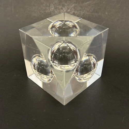 STEUBEN Signed Crystal Cube Floating Spheres Art Glass Sculpture Paperweight