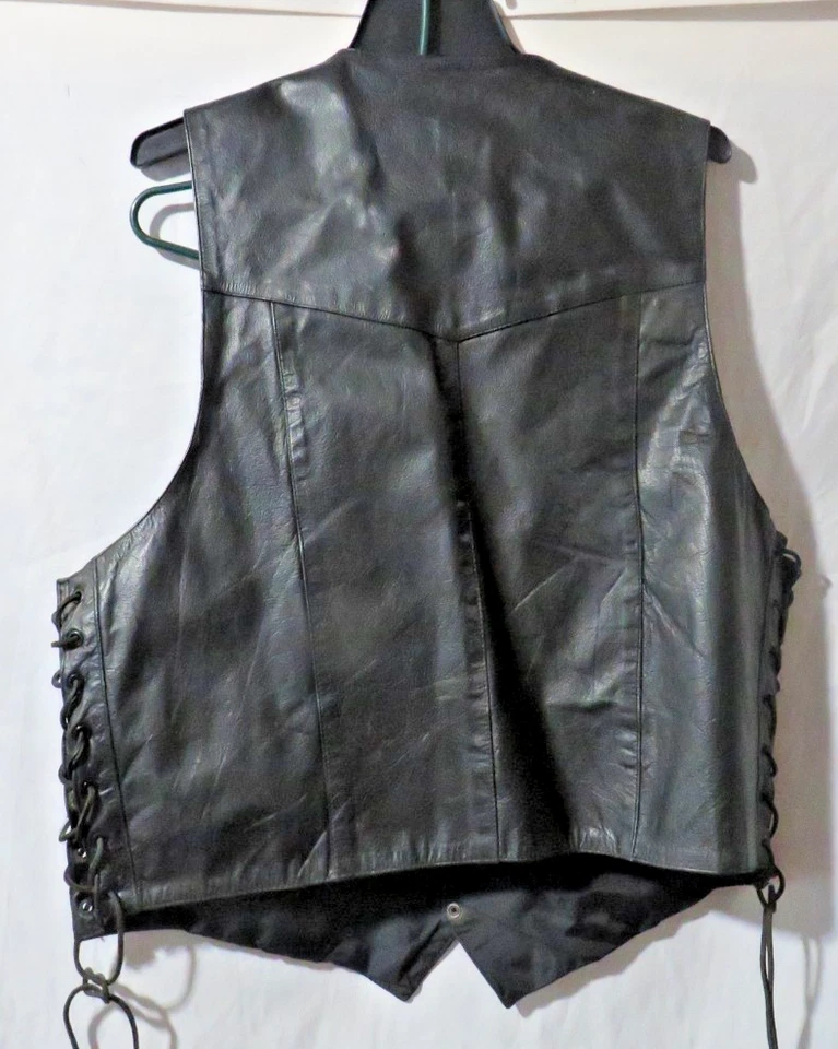 Chaleco de motociclista vintage Wilson de cuero negro con cordones botón a presión XL Foto 2 de 4