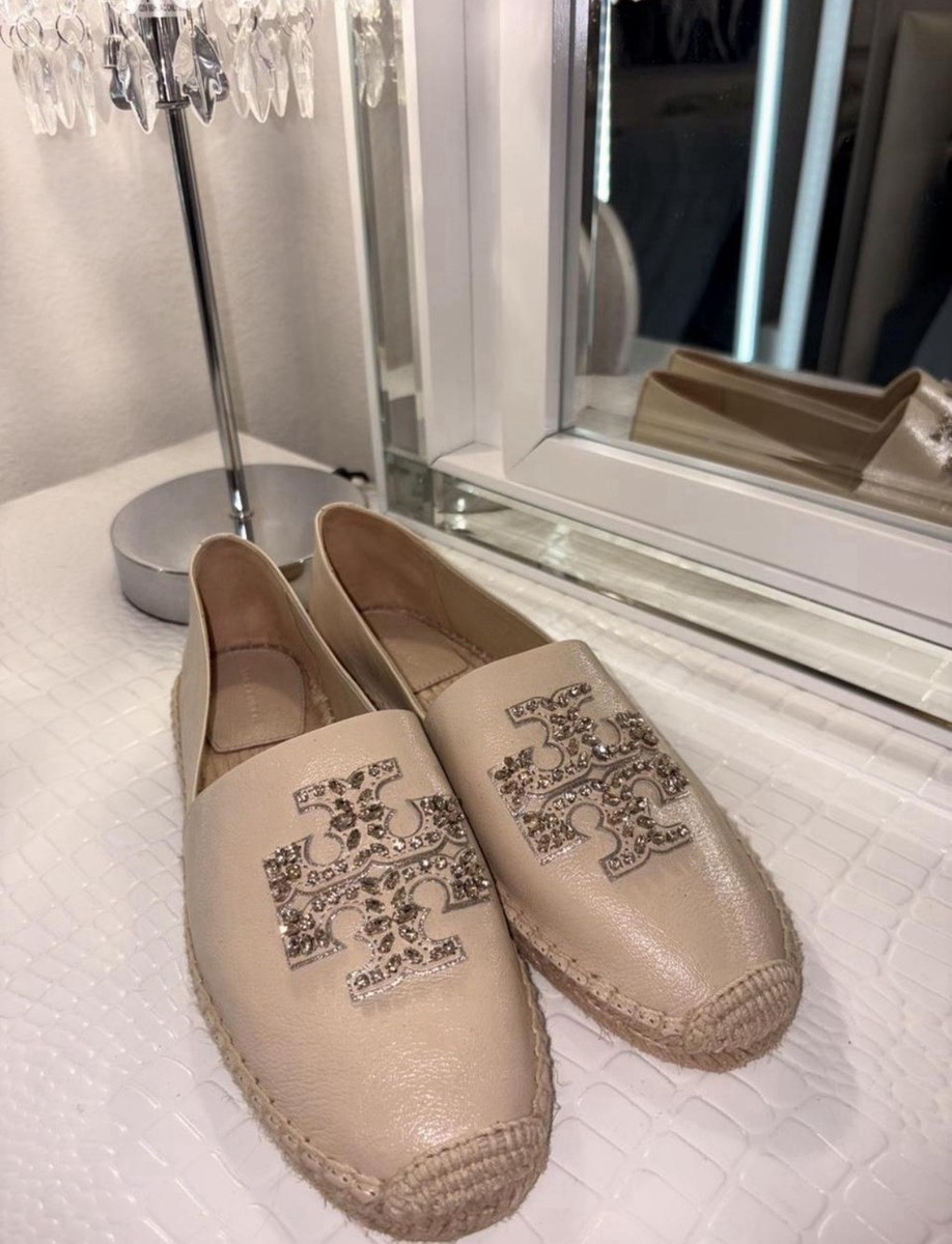 Tory Burch Beige Leather Espadrille Flats Rhinestone Logo Slip-On