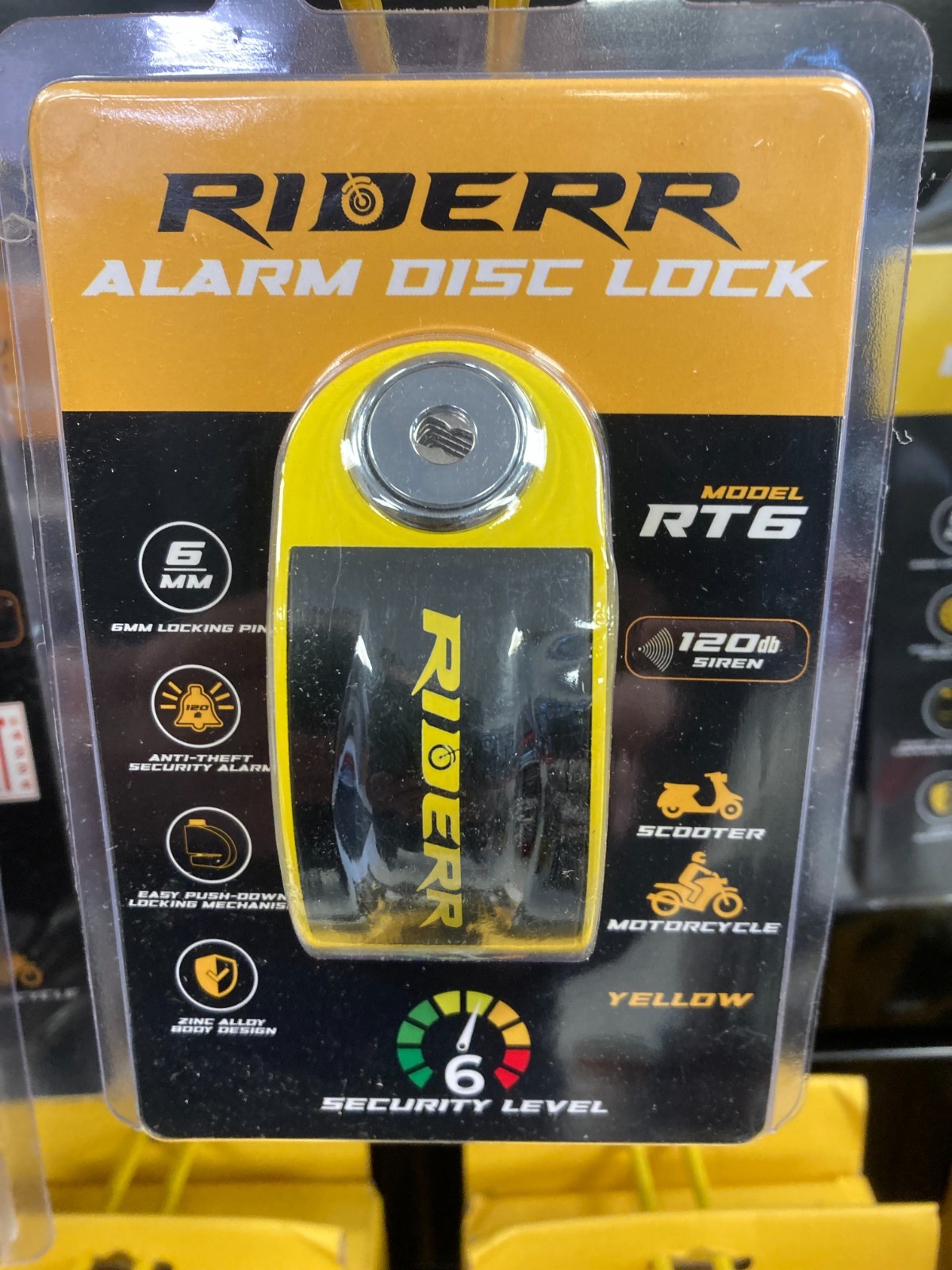 Riderr Motorcycle Alarm Disc Lock 6mm locking pin Yellow RT6