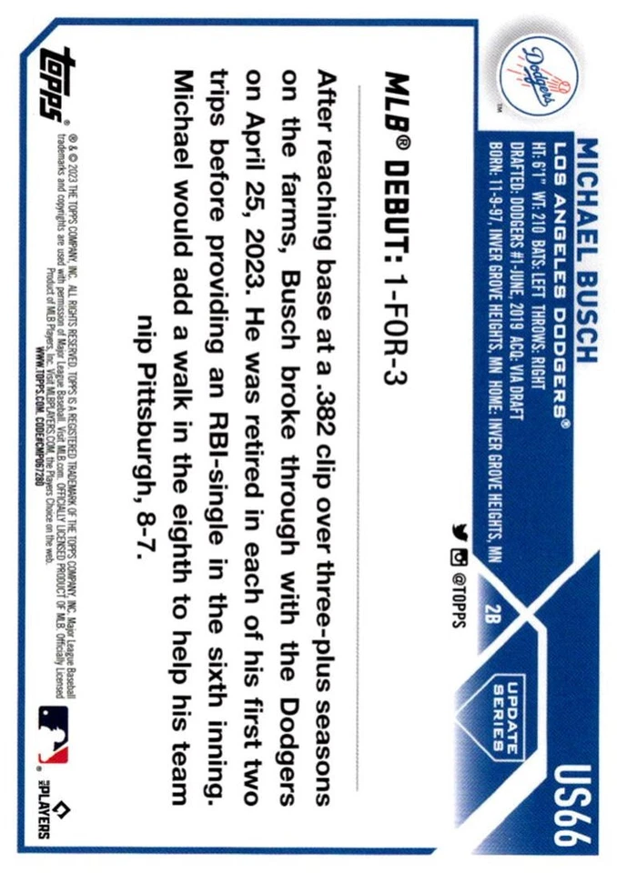 2023 Topps Update Michael Busch Los Angeles Dodgers #US66 - Image 2 of 2