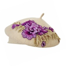 Women Classic French Beret Lady Vintage Rose Embroidery Floral Wool Winter Ha...