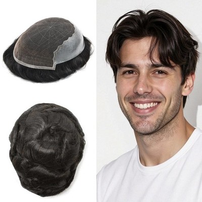 Mens Hairpiece French Lace Front Human Hair System Man Hair Toupee Bleached Knot