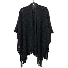 Black Knit Fringe Poncho Wrap Shawl One Size Acrylic