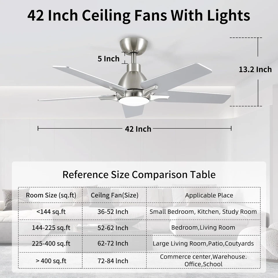 42 Inch Ceiling Fans with Lights, Brushed Nickel Ceiling Fan with Remote, Modern - Image 2 of 4