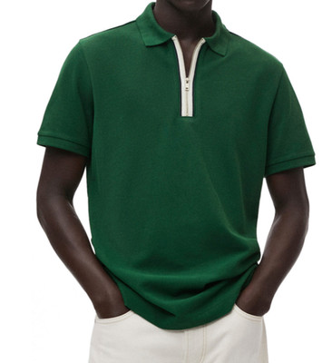 MNG Mango Men Polo Shirt Size M Green Half Zip Short Sleeve Regular Fit