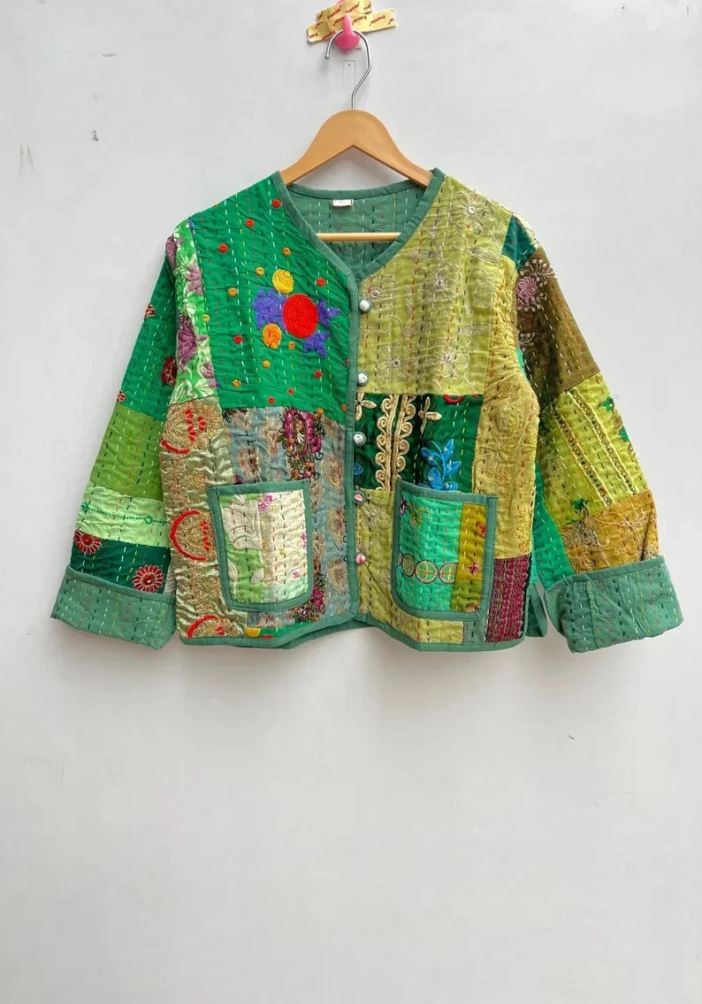 Indian Green Patchwork Cotton Quilted Unisex Jacket Womens Clothing Jackets US