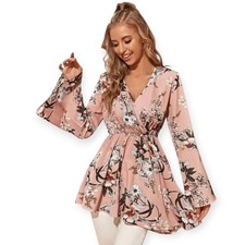 Shein Pink Floral Printed Chiffon V Neck Long Bell Sleeve Assym Peplum Top XL