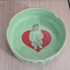 Korean Vintage Green Ceramic 1970s AshtrayWith Red Heart and Lady 