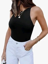 ReoRia Women's Sexy Sleeveless Racer Back Halter Neck Bodysuit Tank Tops Sz S