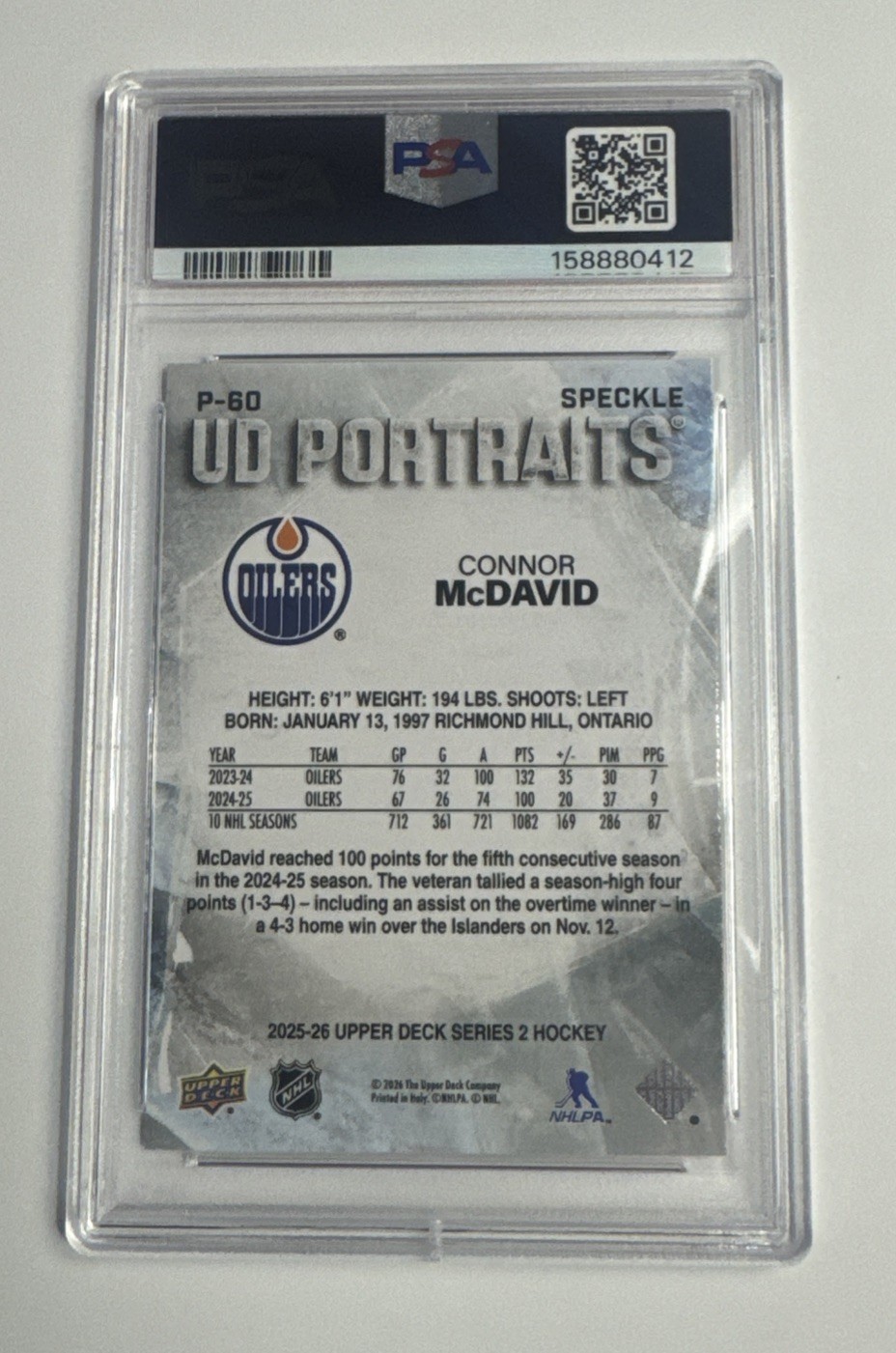 CONNOR McDAVID 25/26 2025 2026 Upper Deck Portraits Card #P-60 SPECKLED PSA 9  view 2