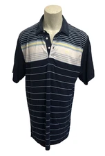 Travis Mathew Men’s Polo Golf Shirt Sz XL Navy Blue Striped Logo TPC San Antonio