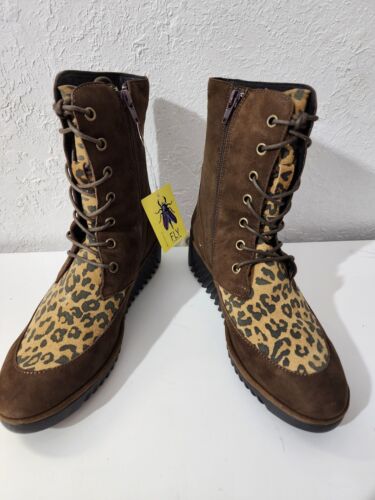 Fly London Lira Suede Cheetah Brown Mid Calf Zip Up Wedge Boot Women's US 5.5-6