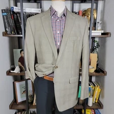 Chaps Men's Sport Coat Blazer Two Button Light Brown Plaid Poly Blend Size 44L