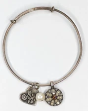 Mariana Antiqued Silver Tone Heart & Flower Charm Pearl Bangle Bracelet