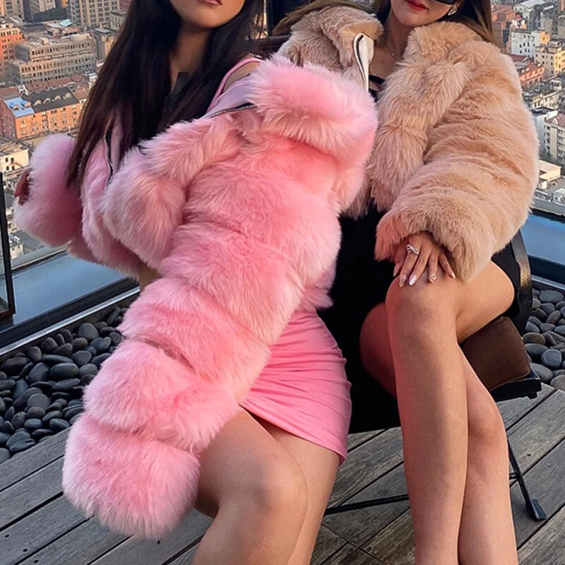 Lady Furry Faux Fur Cropped Coats Fluffy Top Coat Hooded Winter