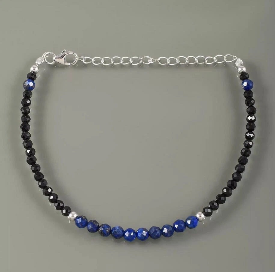 VALENTINO Bracciale Delicato 3mm Spinello Nero e Naturale Blu Lapislazzuli Gemme Tonde Perline