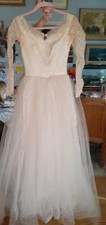 Vintage 1940s Ivory Satin Wedding Gown 23" Waist Beaded Button Back Train Dress
