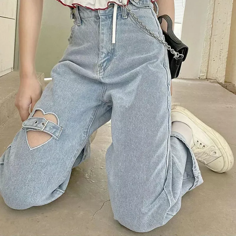 Japanese Mori girl kawaii ripped jeans student loose straight-leg