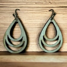 NEW Artisan Made Laser Cut French Wire Teardrop Natural Burnt Wood Earrings