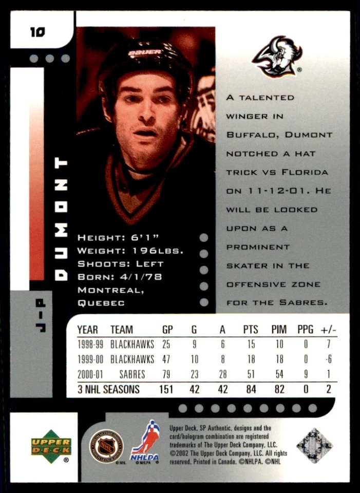 2001-02 SP Authentic J.P. Dumont Buffalo Sabres #10 - Image 2 of 2