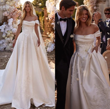 Boho Dresses Bridal Gowns Off Shoulder Appliqued Satin Wedding Dress Backless