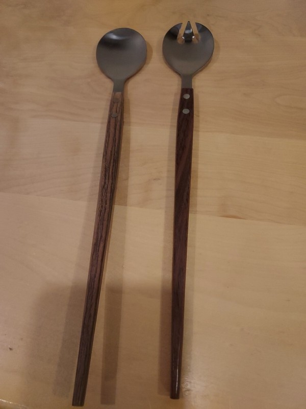 Vintage Salad Serving Set Wood Handles Spoon Fork Japan Stainless Steel MCM