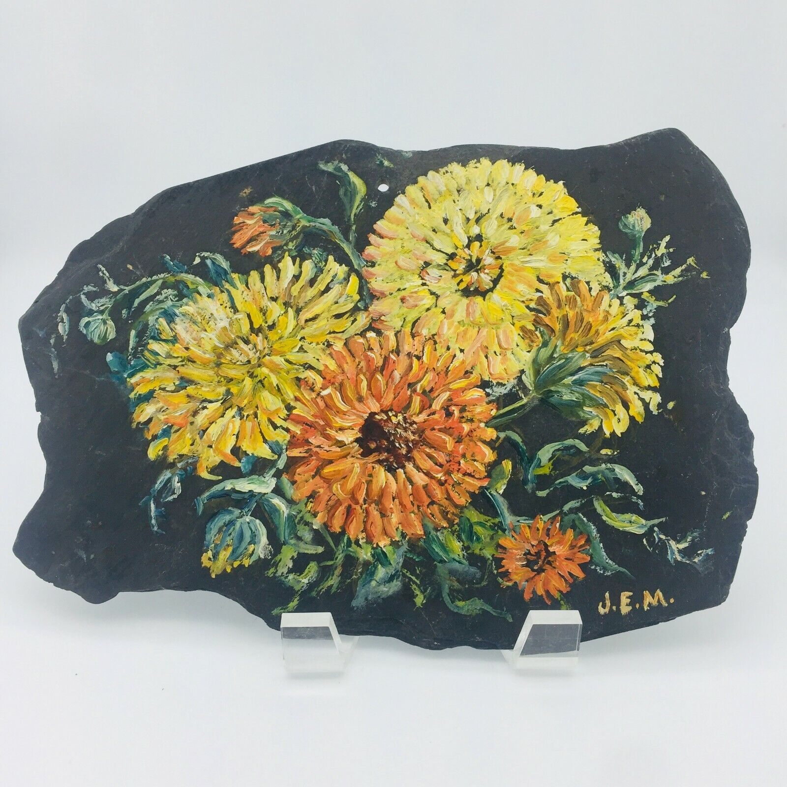 Natural Slate Hand Painted Garden Art Floral/Chrysanthemums Arti
