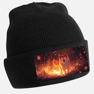 Black Beanie Hat with Cool Shia Inu Motif - Unisex Cap, Cotton