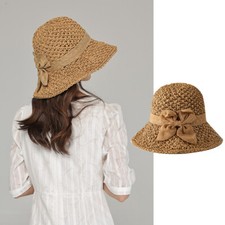Femme Paille Chapeau Soleil Plage Large Bord Été Noeud Classique Pliable Voyage