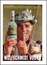 1950s Wolfschmidt Vodka PRINT AD (Man Dressed Toi Go Fishing) BX1