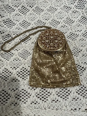 Vintage Art Deco Evans Gold Mesh Compact Purse Vanity Flapper Wristlet Bag - Bild 1 von 4
