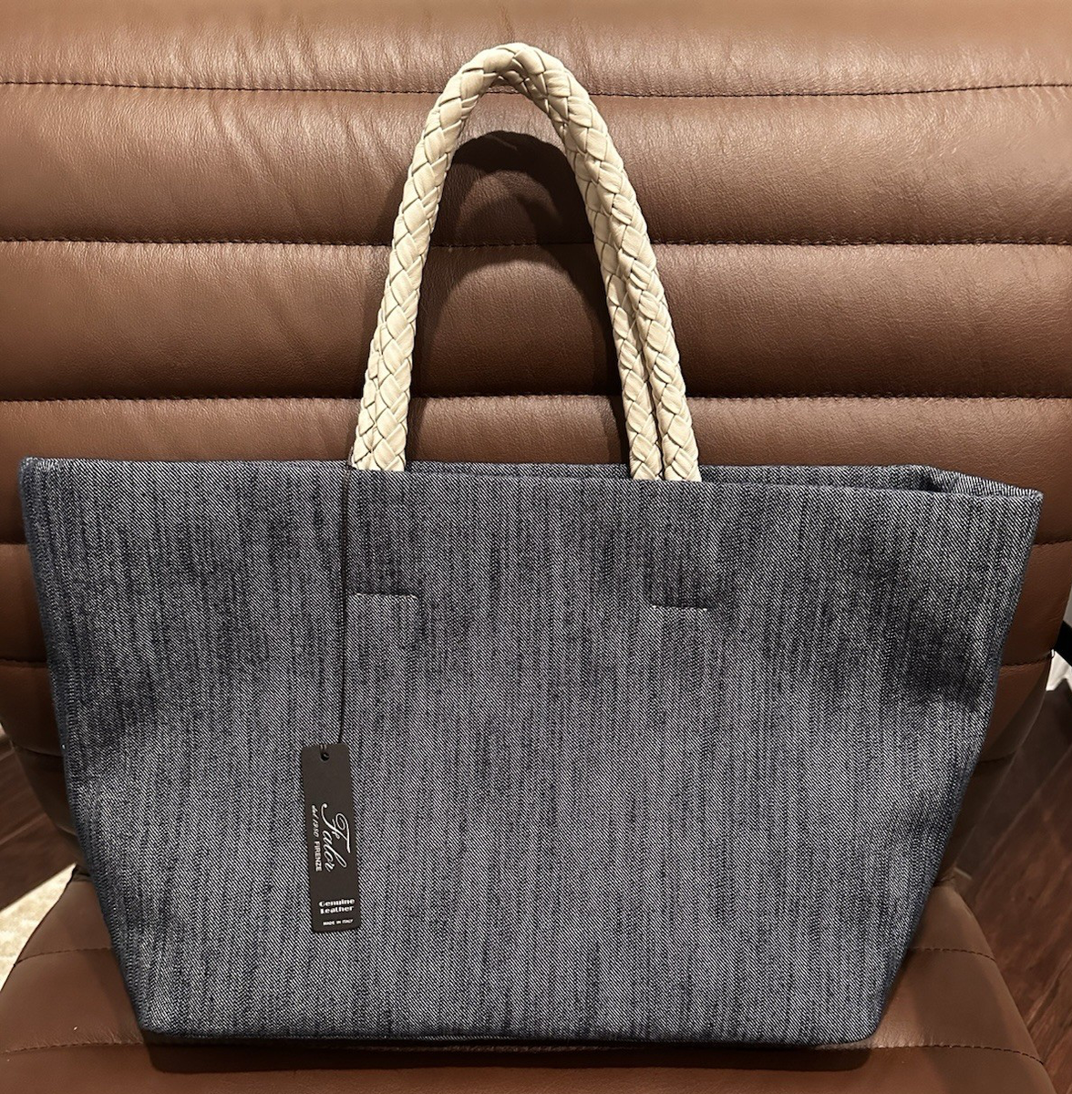 FALOR Made in Italy Denim Shopper Tote with Leather Handle Hand Made NWT
