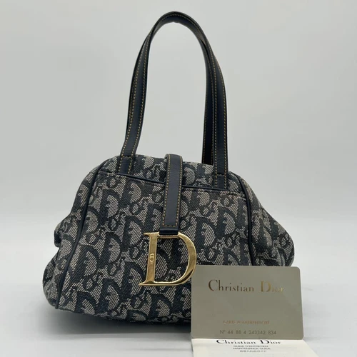 Sac à main Christian Dior vintage bleu marine doré avec ferrures en métal D Bon état