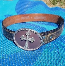 Nocona Belt Co Brown Leather Cross Belt Rhinestone Western Bling Women  S 28-32
