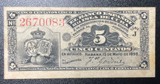 5 Centavos banknote issued by the bank of Spain in 1896.