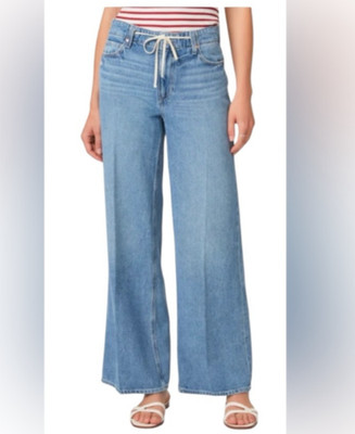 NWT PAIGE Zoey Jeans Drawstring Tie Waist Low Rise Denim Wide Jazz Club Blue 34