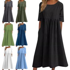 Damen Kurzarm Plissee Midikleid Casual Baggy ...