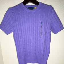 Polo Ralph Lauren Women  s Purple Cable-Knit Crewneck Short Sleeve Sweater M