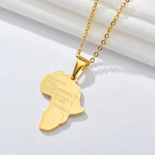 Gold Africa Map Pendant Necklace, Capital Cities Stainless Steel Jewelry