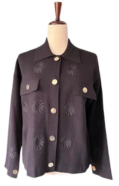 Elie Tahari 女式纽扣开衫毛衣夹克黑色刺绣中号 — 第 3/3 张图片