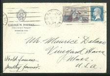 Historia postal 1924 cubierta de Cayre's Hotel París Francia a Vineyard Haven, MA
