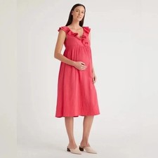 Quince Maternity Dress Pink Ruffles Cotton V Neck Smocked Size L NEW