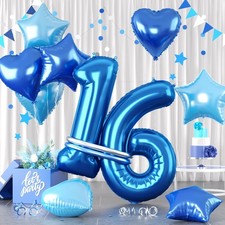 2 Pack Blue Number 16 Dark Blue Balloons Set, Foil Star Heart Balloons For Boy's