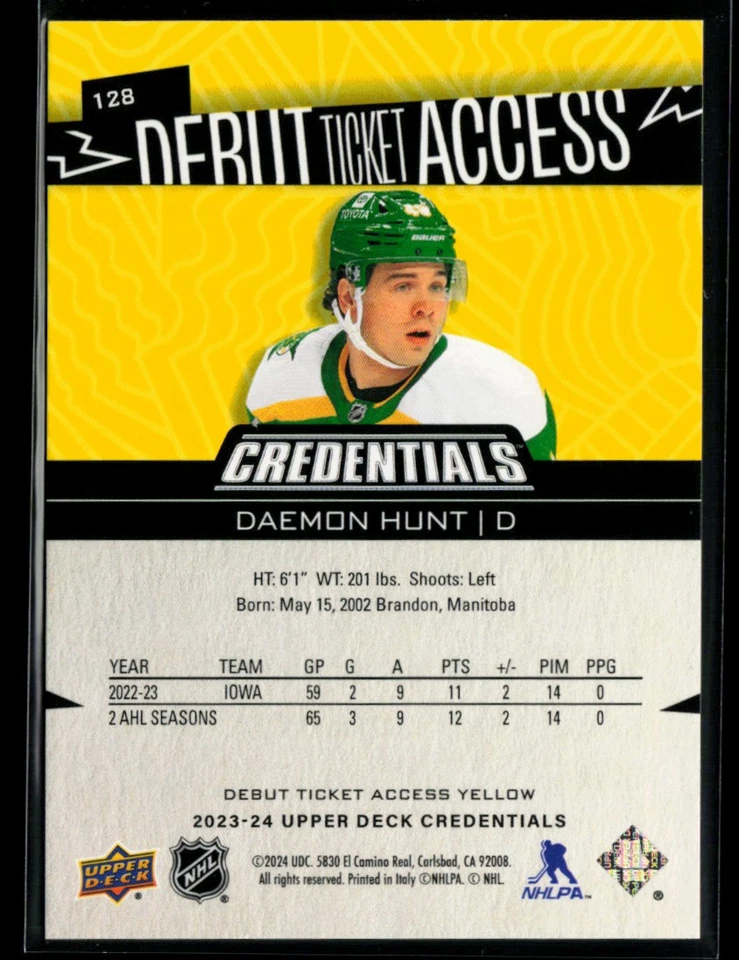 2023-24 Upper Deck Credentials Yellow #128 Daemon Hunt RC - Image 2 of 2