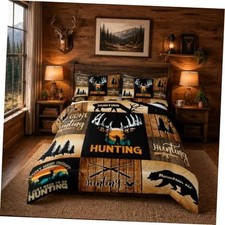 Deer Moose Print Comforter Set,Bear Hunting Bedding Set 3 Queen Brown Deer