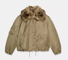 ZARA WOMENS FAUX FUR COLLAR OVERSIZED BOMBER JACKET IN PALE OLIVE GREEN SIZE M